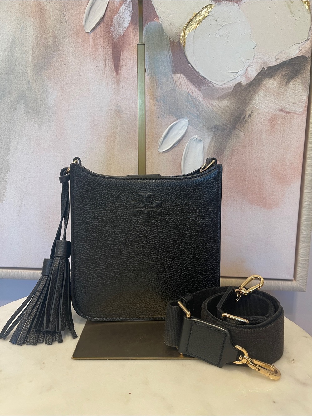 Tory Burch Black Thea Leather Crossbody with Tassels